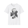 White t-shirt with black graphic design of a street scene and Eiffel Tower on a white background