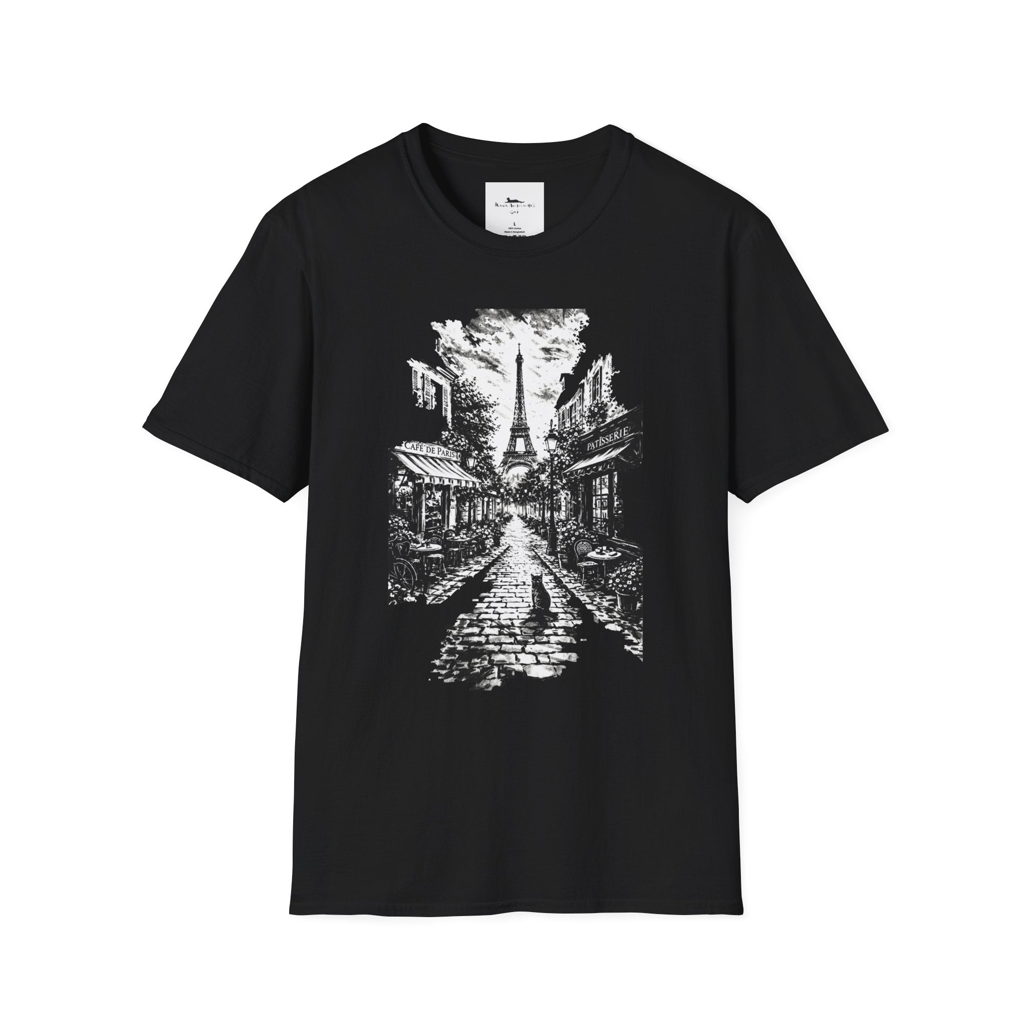 Black t-shirt with a Paris street scene on a white background