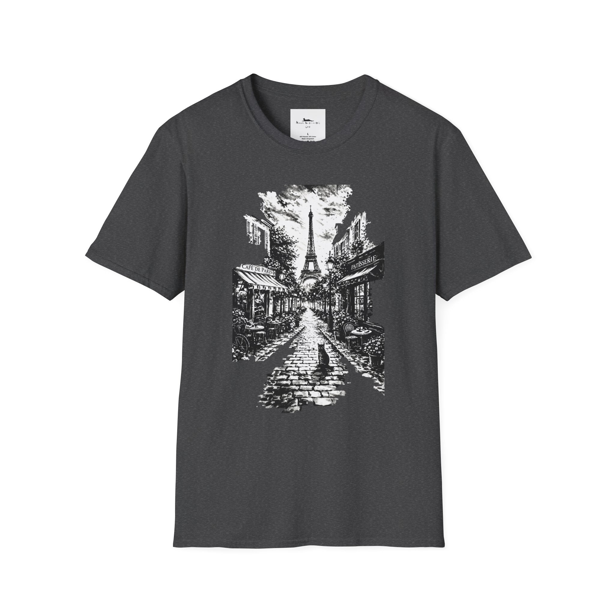 Dark gray t-shirt with a Paris street scene on a white background