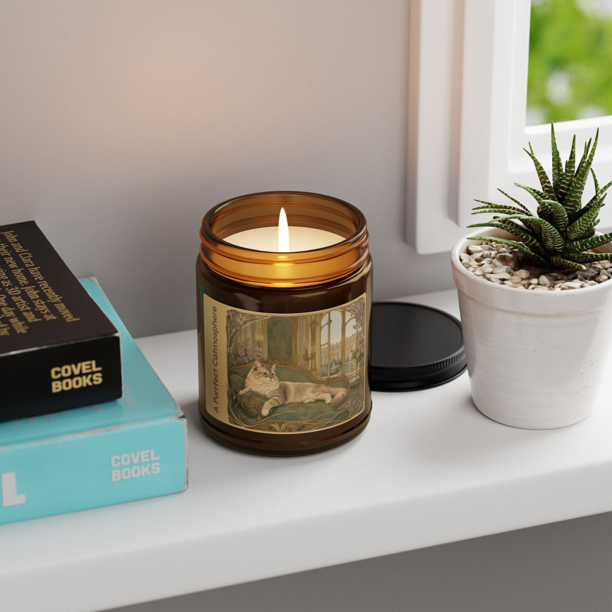 Soy Wax Candle — “A Purrfect Catmosphere” Amber Jar (Soy, 9 OZ) on shelf