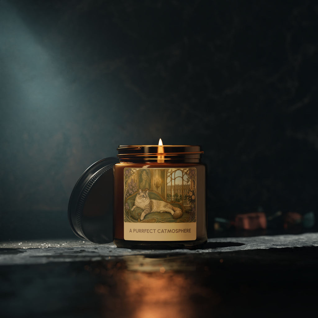 Soy Wax Candle — “A Purrfect Catmosphere” Amber Jar (Soy, 4 OZ) Lit Dark