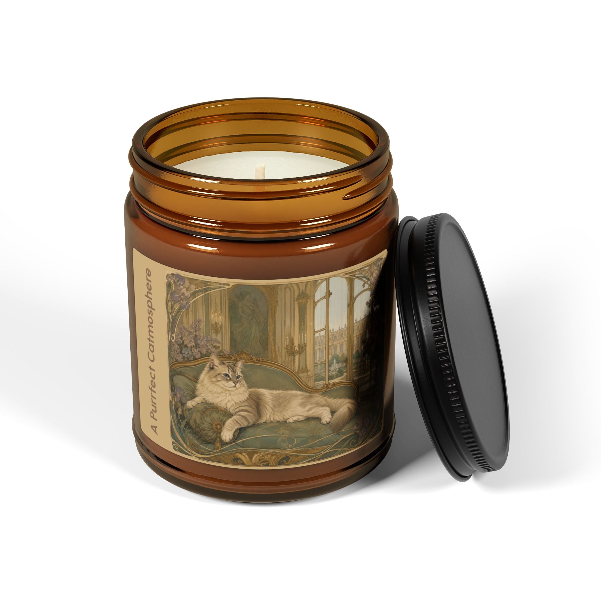 Soy Wax Candle — “A Purrfect Catmosphere” Amber Jar (Soy, 9 OZ) Open